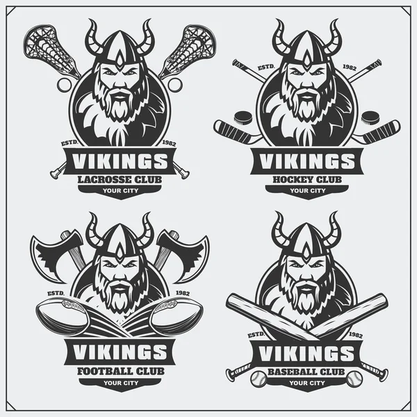 Voetbal, honkbal, lacrosse en hockey logo's en etiketten. Sport club emblemen met viking. — Stockvector