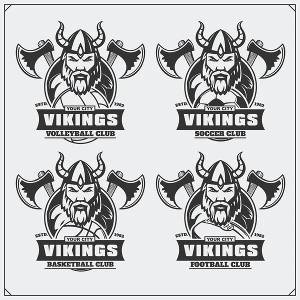 Volleyboll, baseball, fotboll och fotboll logotyper och etiketter. Sport club emblem med viking. — Stock vektor