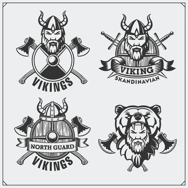 Viking etiketleri, armalar ve Amblemler kümesi. Boynuzlu miğfer, savaşçı, kalkan, kılıç ve balta. Vintage tarzı.