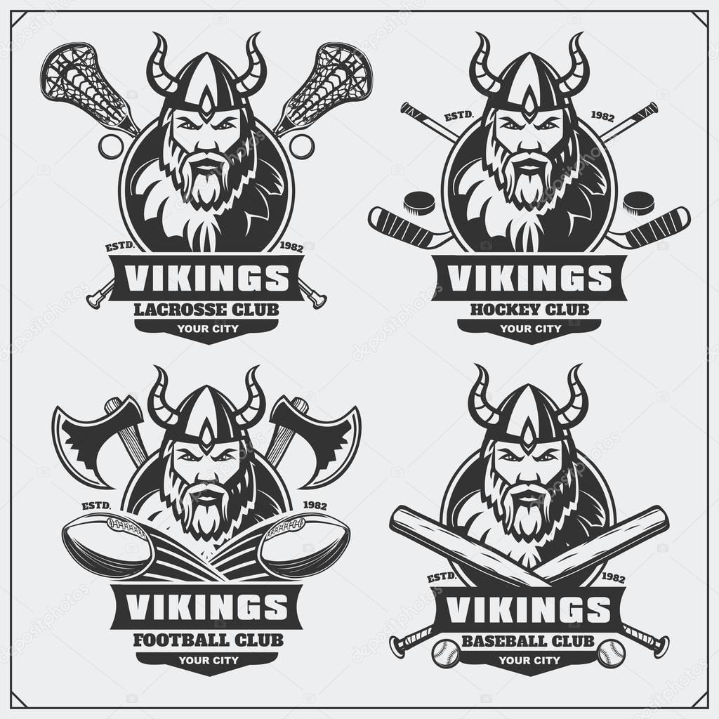 Football, baseball, lacrosse and hockey logos and labels. Sport club emblems with viking.