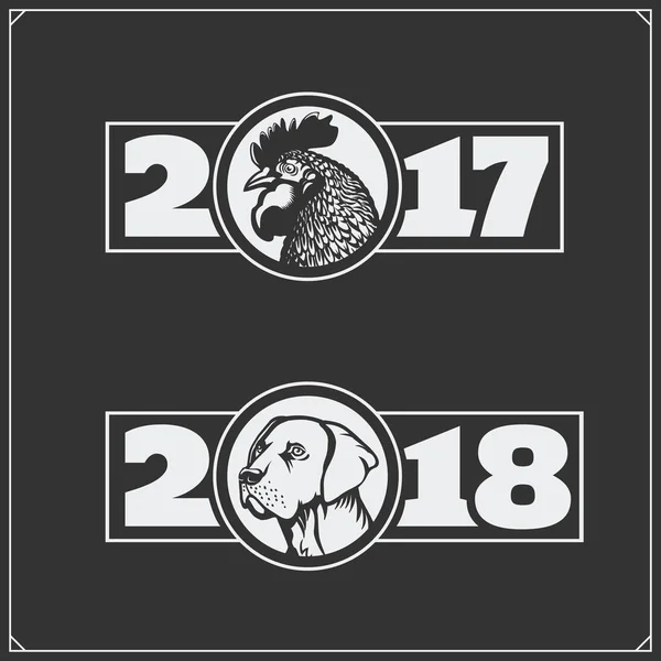Vektor monochromatické štítky. Šťastný čínský Nový rok 2017 s kohout a šťastný čínský Nový rok 2018 se psem. — Stockový vektor