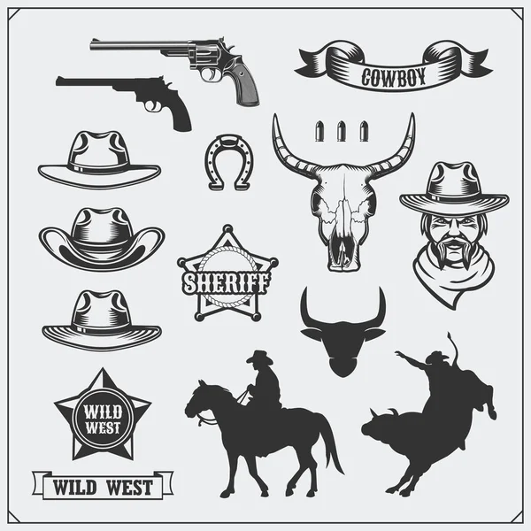 Wild west. Rodeo, a sheriff és a cowboy vintage emblémák, ikonok és látványelemek. — Stock Vector