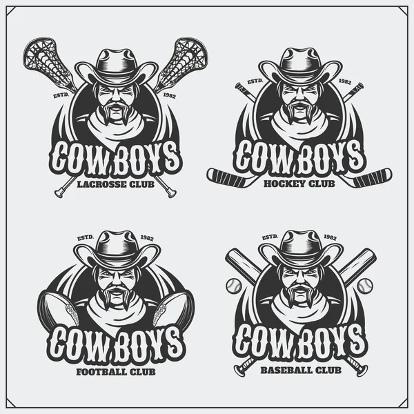 Football, Baseball, Lacrosse und Hockey Logos und Labels. Sportvereinswappen mit Cowboy. — Stockvektor