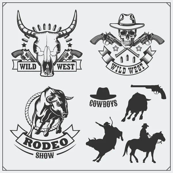 Vahşi Batı. Rodeo, Şerif ve kovboy vintage Amblemler, etiketleri, rozetleri ve tasarım öğeleri kümesi.