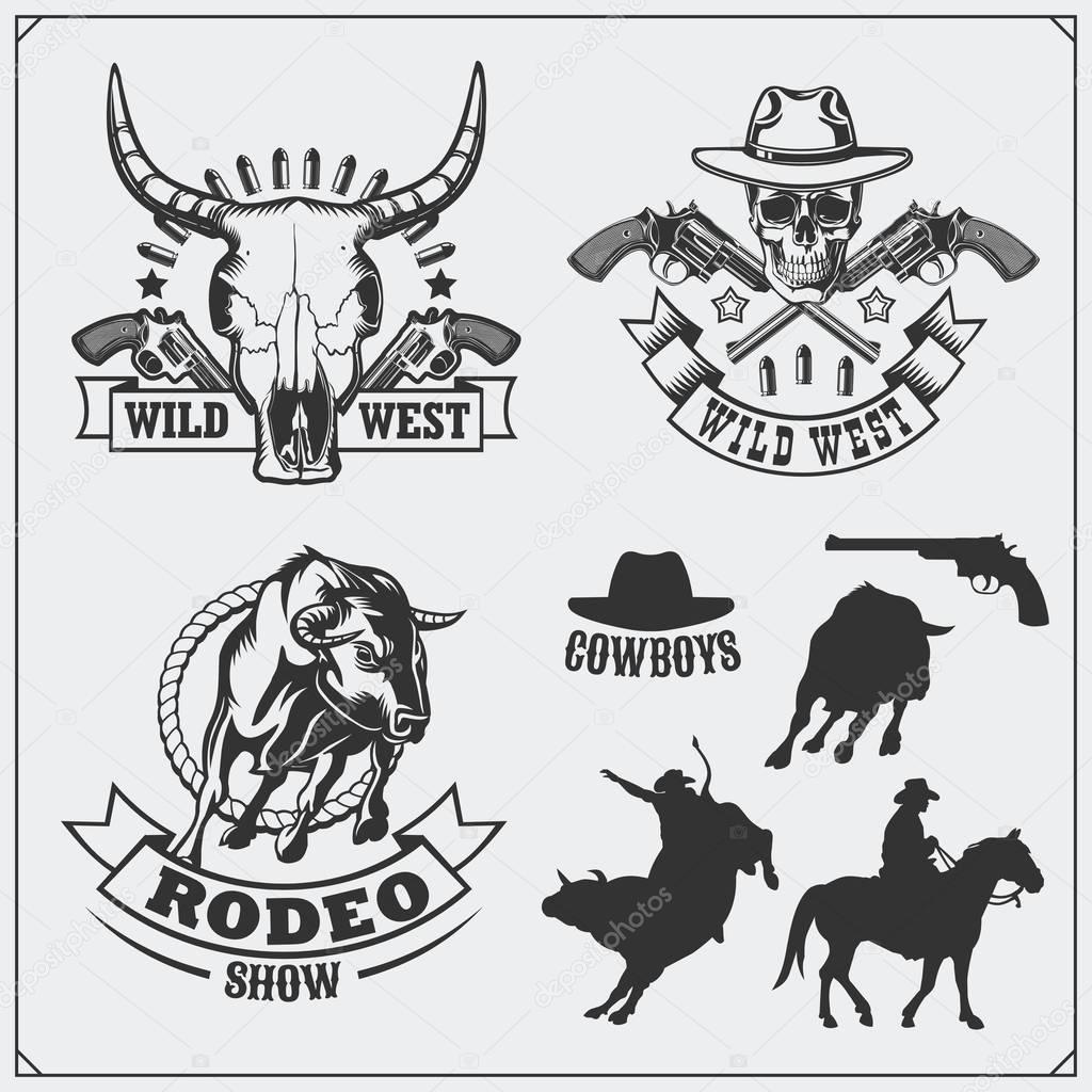 Wild west. Set of rodeo, sheriff and cowboy vintage emblems, labels, badges and design elements.