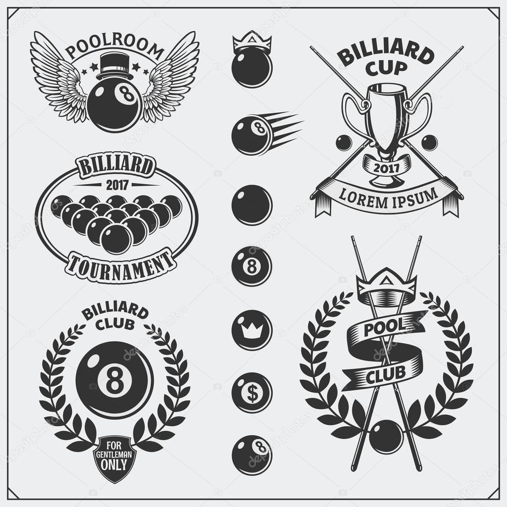 Set of billiards labels, emblems, badges, icons and design elements.