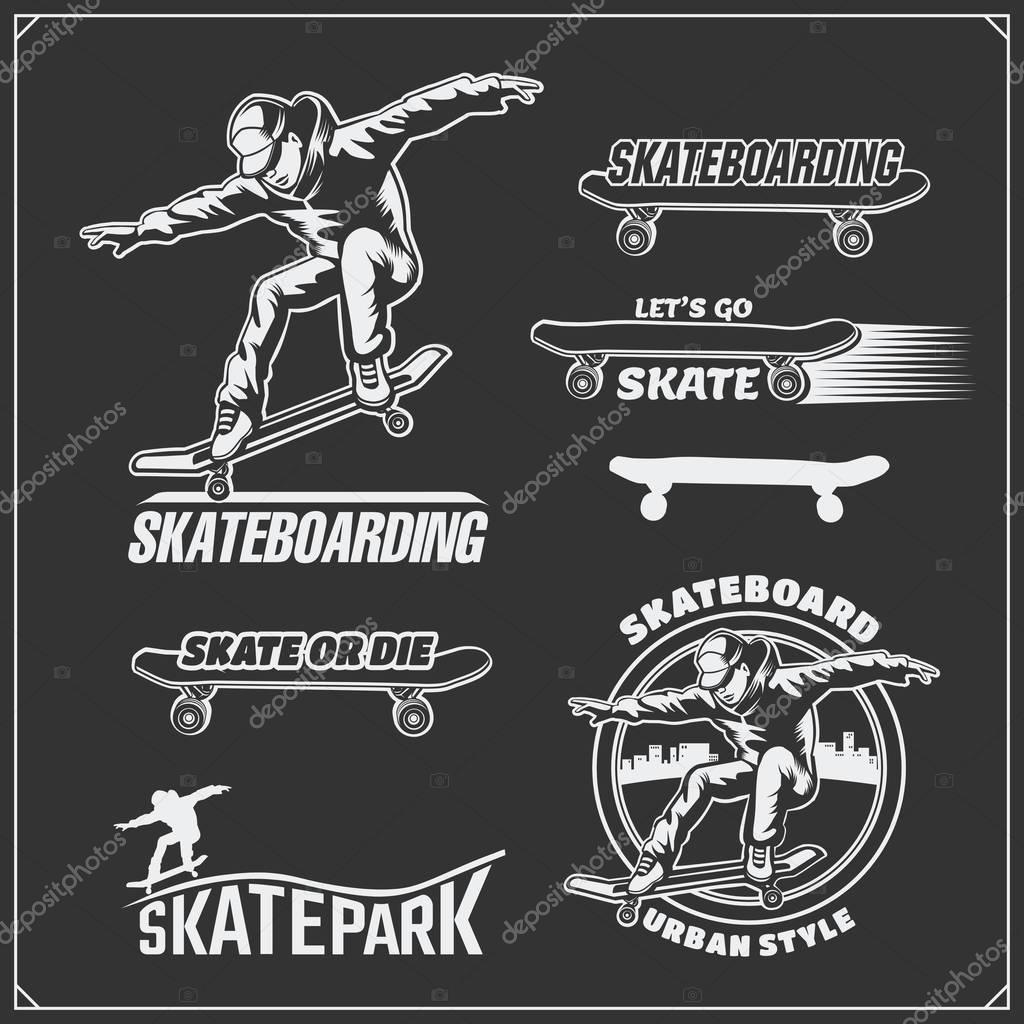 Collection of skateboarding labels, emblems, badges and design elements. Silhouette of a skateboarder.