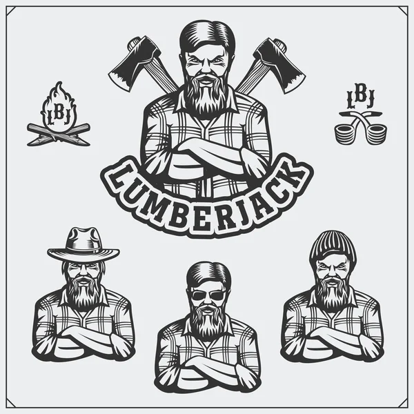 Set of Lumberjack labels, emblems, badges and design elements. Vintage style. — Stock Vector