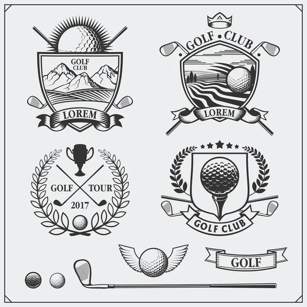Vintage golf Etiketler, rozetleri, amblem ve tasarım öğeleri kümesi. Tek renkli tasarım.