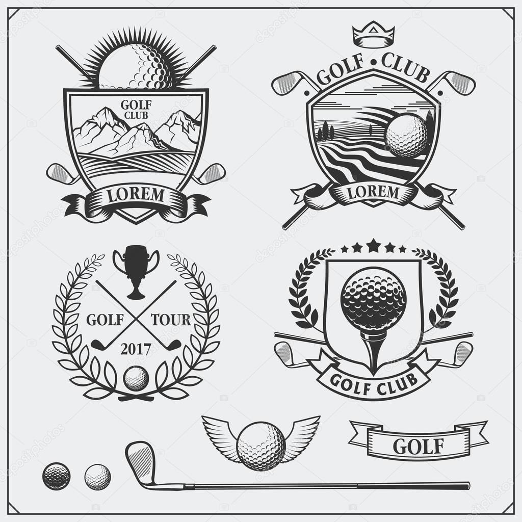 Set of vintage golf labels, badges, emblems and design elements. Monochrome design.