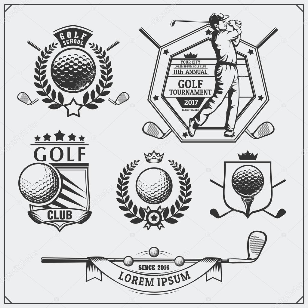 Set of vintage golf labels, badges, emblems and design elements. Monochrome design.