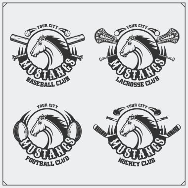 Futbol, beysbol, lacrosse ve hokey logo ve etiketleri. Spor Kulübü Amblemler atı ile.