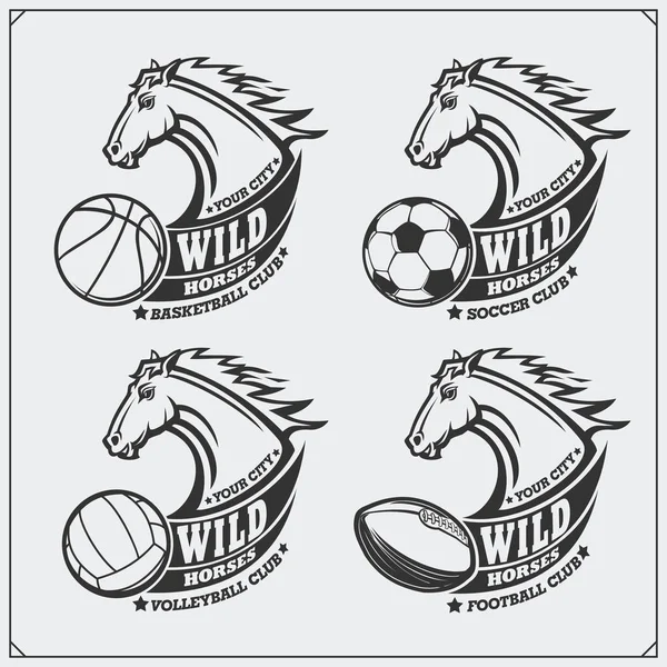 Logos et étiquettes de volley-ball, de baseball, de soccer et de football. Emblèmes de club de sport avec cheval . — Image vectorielle