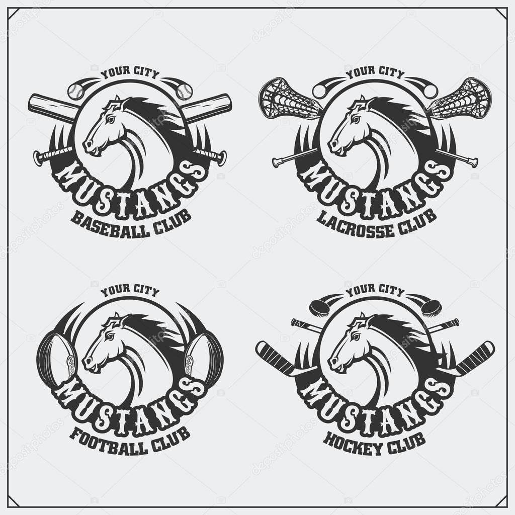 Football, baseball, lacrosse and hockey logos and labels. Sport club emblems with horse.