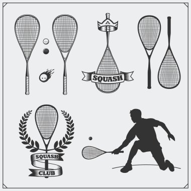 Squash labels, emblems, badges, design elements and silhouette of player. Black and white. clipart