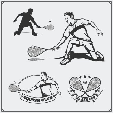 Squash etiketleri, amblemler, rozetler, tasarım öğeleri ve oyuncu silüeti. Siyah ve beyaz.