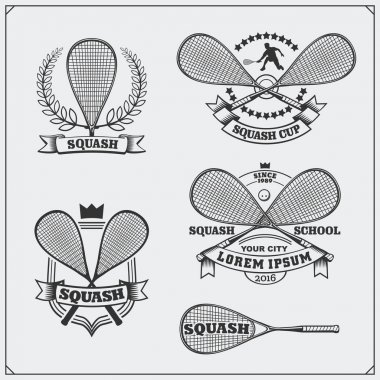 Squash Etiketler, amblemler, rozetleri ve tasarım öğeleri. Siyah ve beyaz.