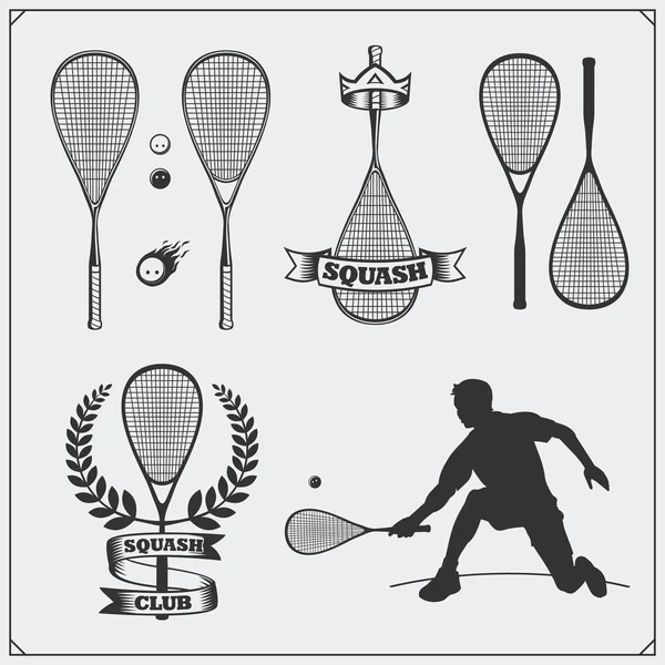 Squash, etykiety, emblematy, odznaki, elementy projektu i sylwetka gracza. Czarno-białe. — Wektor stockowy