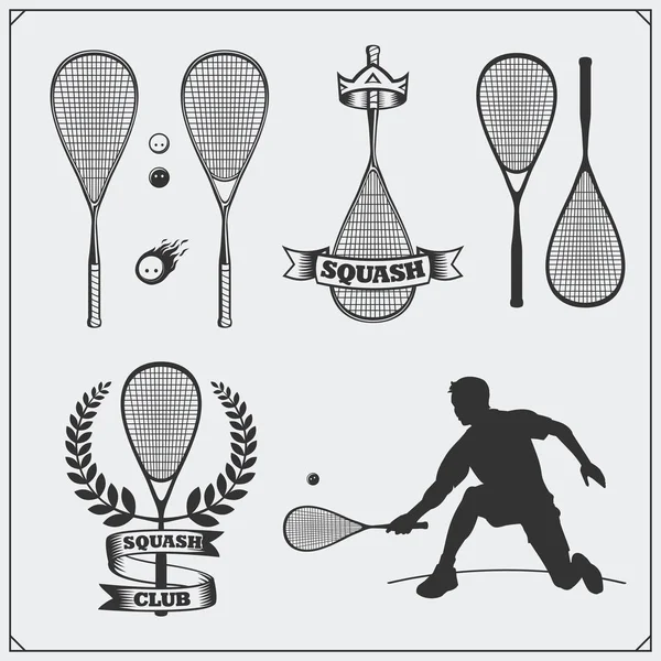 Squash etiketleri, amblemler, rozetler, tasarım öğeleri ve oyuncu silüeti. Siyah ve beyaz.