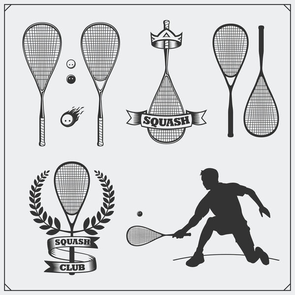 Squash labels, emblems, badges, design elements and silhouette of player. Black and white.