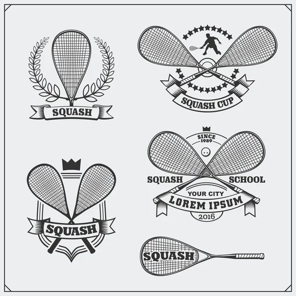 Squash štítky, emblémy, odznaky a prvky návrhu. Černá a bílá. — Stockový vektor