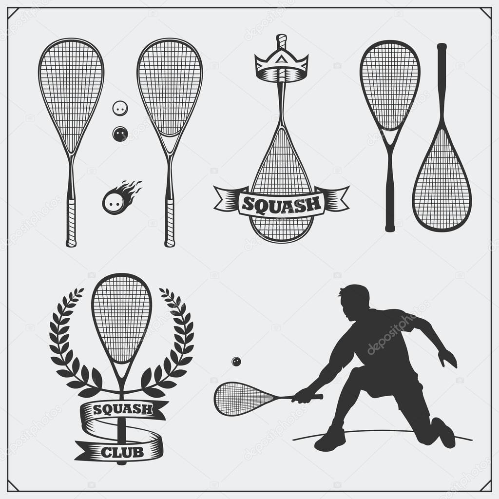 Squash labels, emblems, badges, design elements and silhouette of player. Black and white.