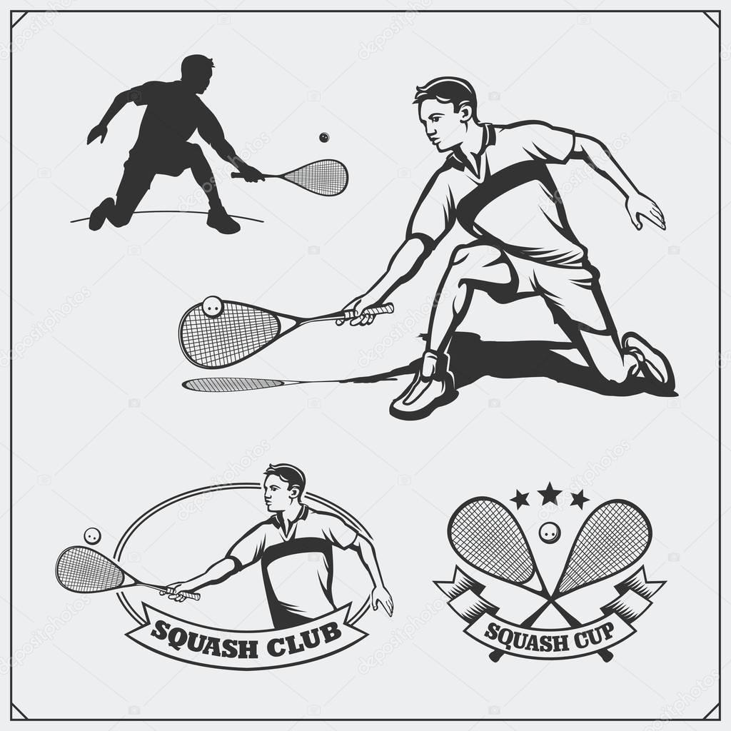 Squash labels, emblems, badges, design elements and silhouette of player. Black and white.