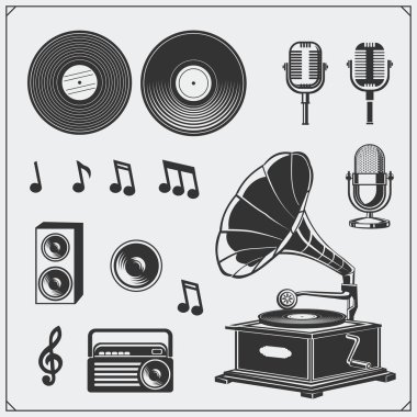 Retro müzik stüdyo Amblemler, Etiketler, rozetleri ve tasarım öğeleri. Vektör set. 