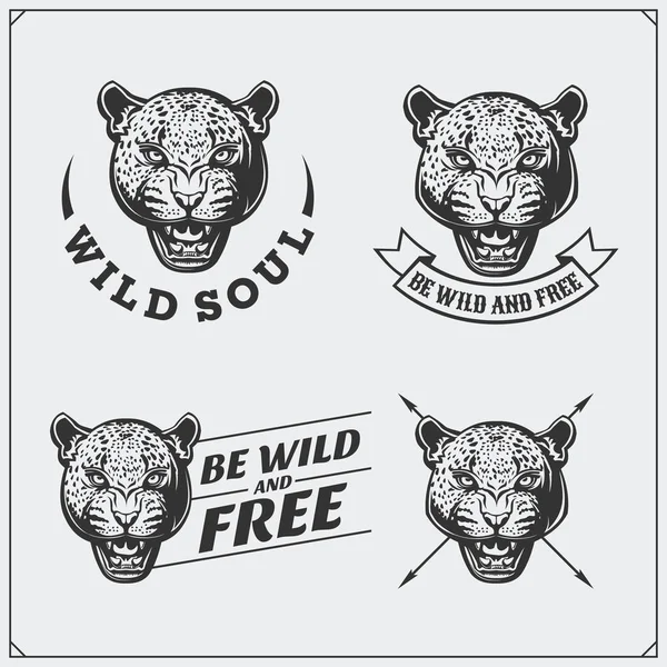 Etiquetas, emblemas y elementos de diseño para club deportivo con leopardo . — Vector de stock