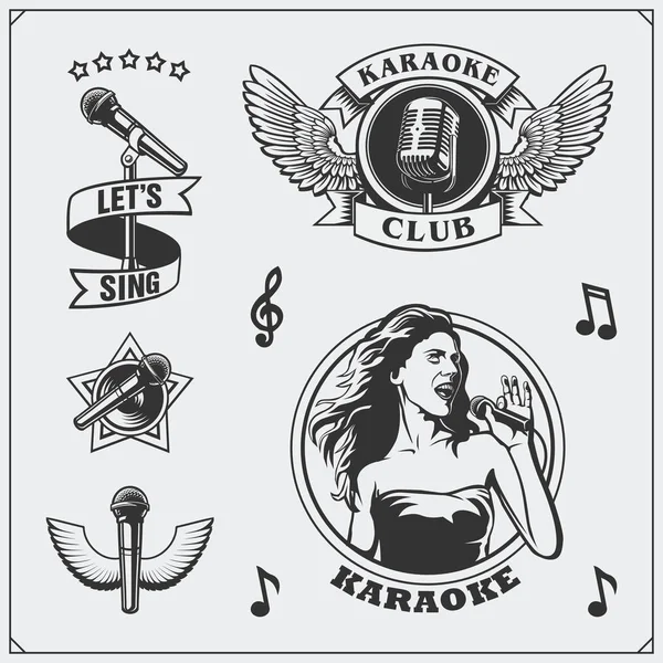 Conjunto vetorial de rótulos vintage karaoke, emblemas e elementos de design. Karaoke Club emblemas . —  Vetores de Stock