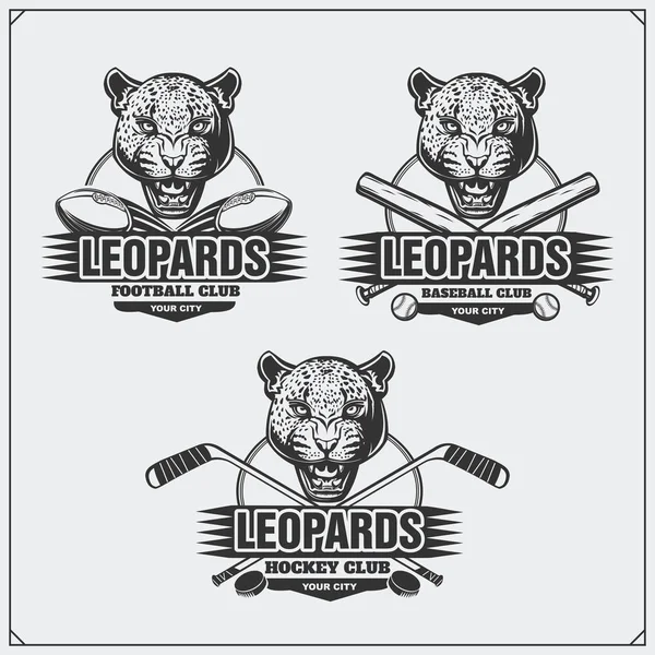 Fußball, Baseball und Hockey Logos und Etiketten. Sportvereinswappen mit Leoparden. — Stockvektor