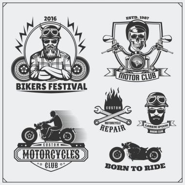 Retro motosiklet etiketleri, amblemler, rozetleri ve tasarım öğeleri koleksiyonu. Vintage tarzı. Tek renkli tasarım.
