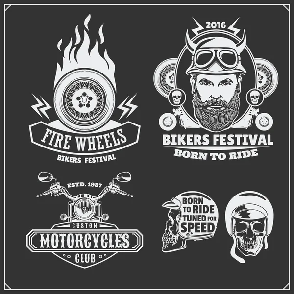 Collection of retro motorcycle labels, emblems, badges and design elements. Vintage style. Monochrome design. — Stock Vector
