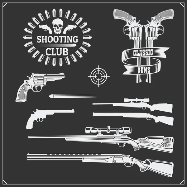 Kolekcji broni. Rewolwery, strzelby i karabiny. Gun club etykiety i elementy projektu. — Wektor stockowy