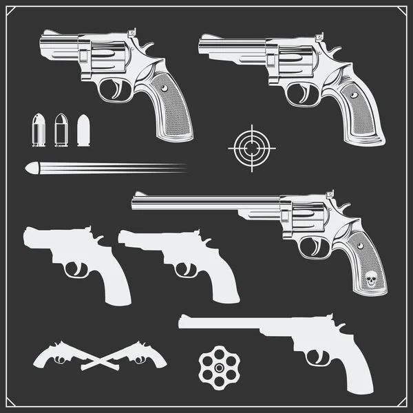 Sammlung von Waffen. Revolver, Kugeln und Zielscheibe. — Stockvektor