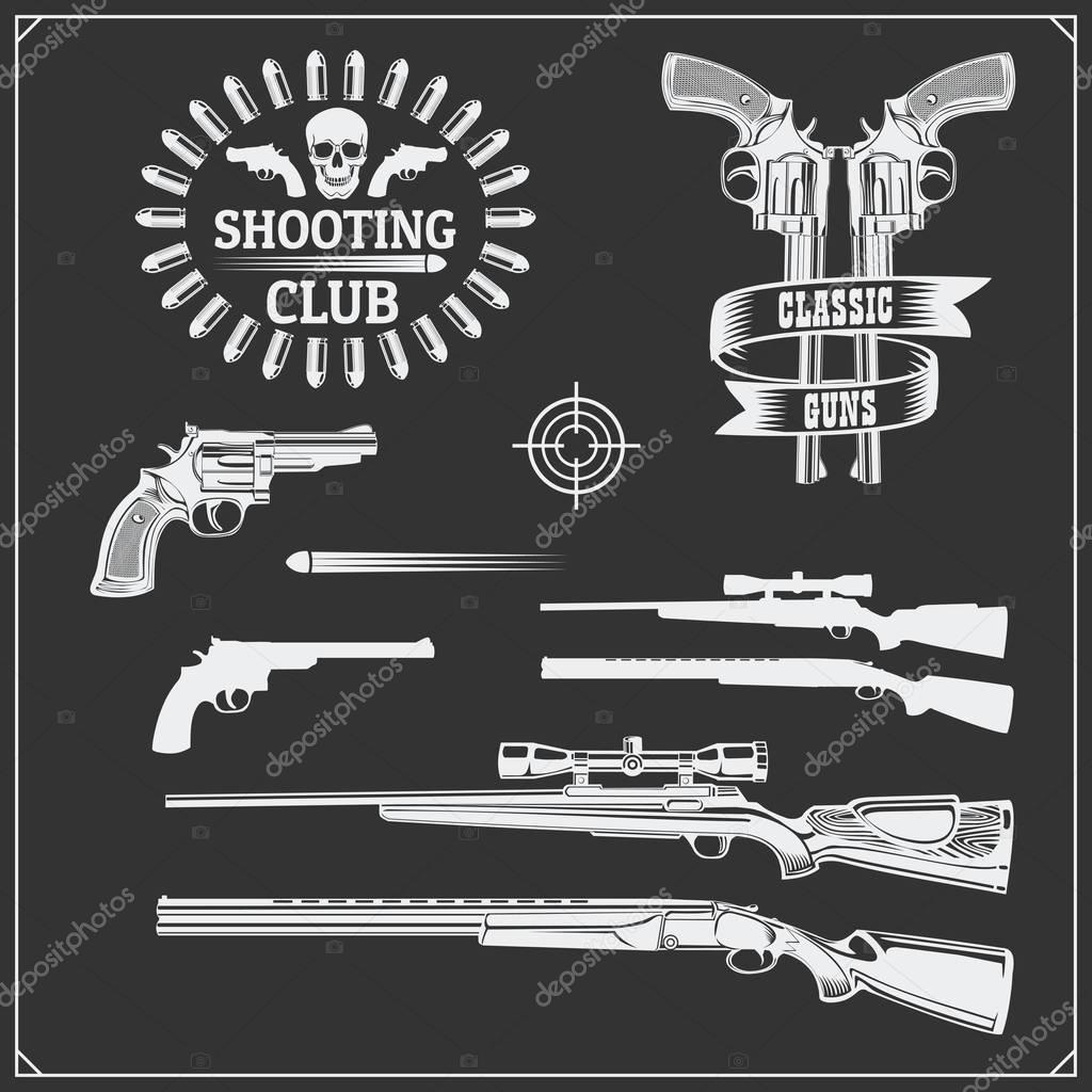 Collection of Guns. Revolvers, shotguns and rifles. Gun club labels and design elements.