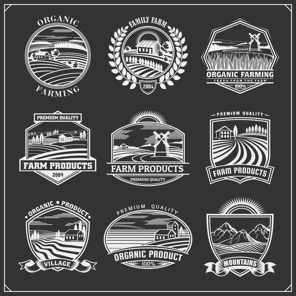 Vectorillustratie van retro landschappen. Boerderij vers voedsel labels, badges, emblemen en ontwerpelementen. Organic, ecologie en bio natuurlijke vormgeving. Set vintage premium kwaliteit etiketten. — Stockvector