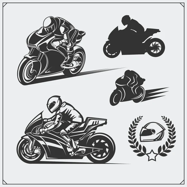Set of racing motorcycle emblems, badges, labels and design elements. Monochrome style. — Stock Vector