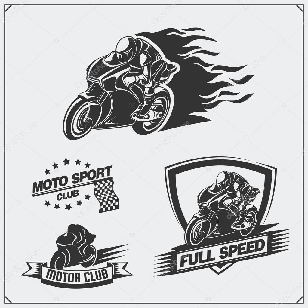 Set of racing motorcycle emblems, badges, labels and design elements. Monochrome style.