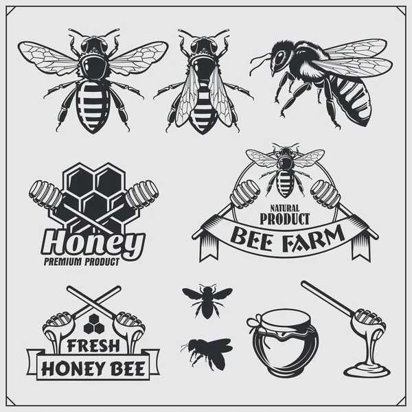 Set of honey labels, badges and design elements. Honeycombs, bees, honey emblems. — Stock Vector
