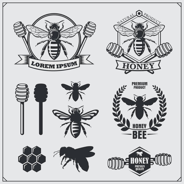 Set of honey labels, badges and design elements. Honeycombs, bees, honey emblems.