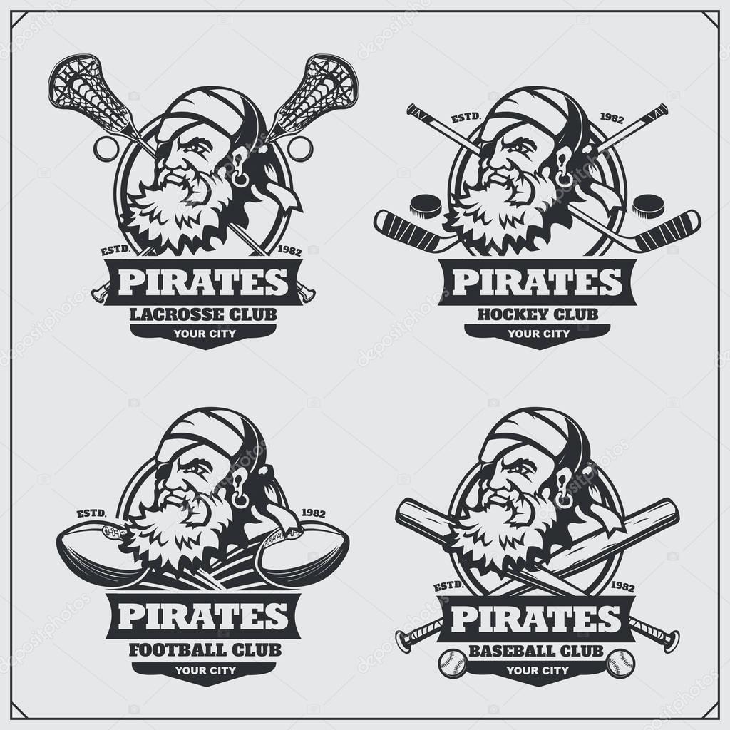 Football, lacrosse, baseball and hockey logos and labels. Sport club emblems with pirate.