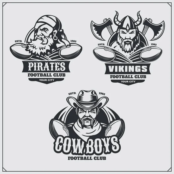 Fotboll märken, etiketter och designelement. Sport club emblem med pirat, cowboy och viking. — Stock vektor