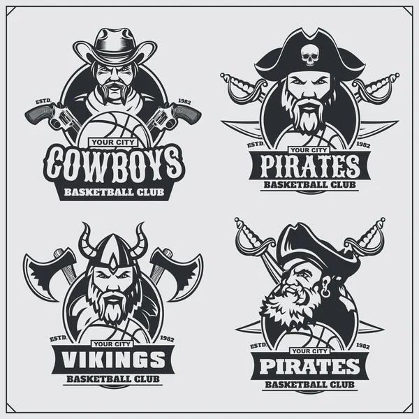 Placas de baloncesto, etiquetas y elementos de diseño. Emblemas del club deportivo con pirata, vaquero y vikingo . — Vector de stock