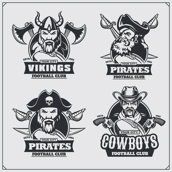 Voetbal kentekenen, etiketten en ontwerpelementen. Sport club emblemen met piraat, cowboy en viking. — Stockvector