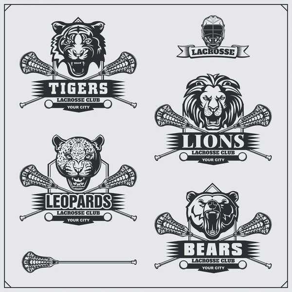 Lacrosse badges, labels and design elements. Sport club emblems with bear, lion, tiger and leopard. — Stock Vector