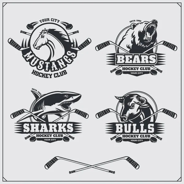 Hockey badges, labels and design elements. Sport club emblems with bear, shark, bull and horse. — Stock Vector
