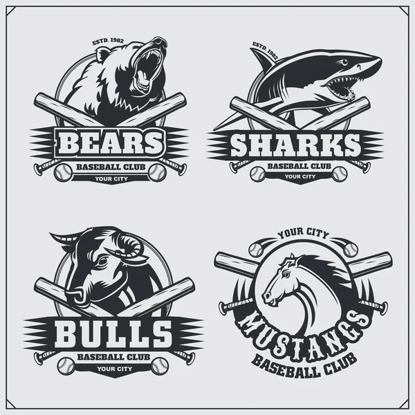 Бейсбольные жетоны, этикетки и элементы дизайна. Эмблемы спортклуба с медведем, акулой, быком и лошадью . — стоковый вектор