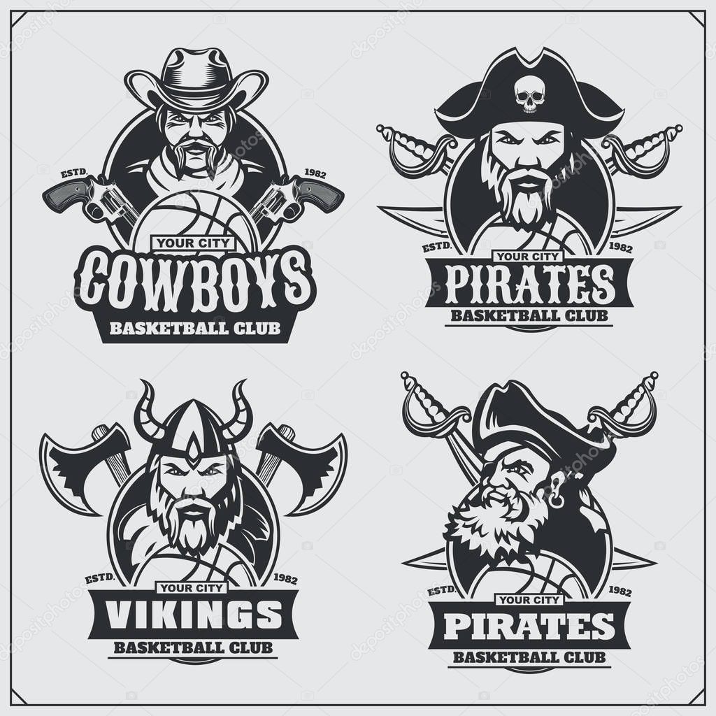 Basketball badges, labels and design elements. Sport club emblems with pirate,cowboy and viking.