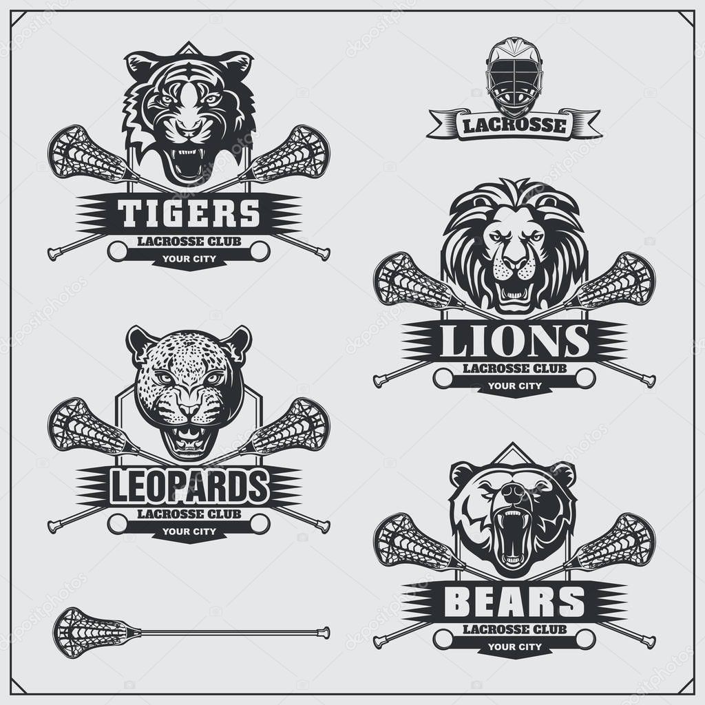 Lacrosse badges, labels and design elements. Sport club emblems with bear, lion, tiger and leopard.